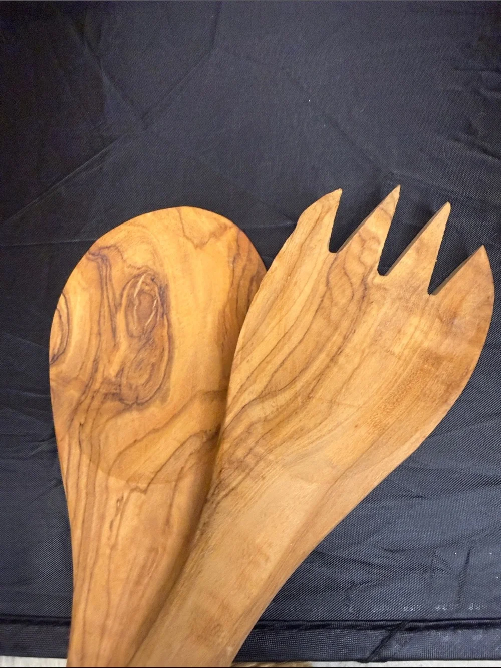 Olive Wood Salad Servers Set — Natural Brown raw edges.